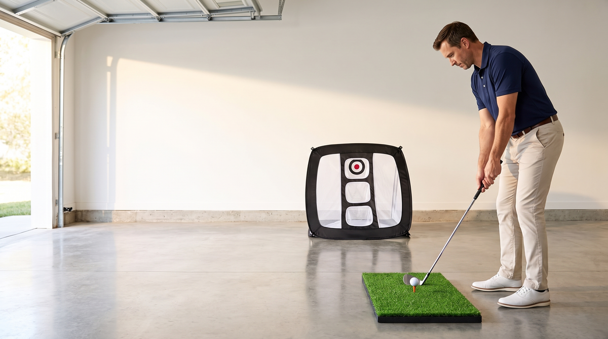 Golfer setting up to chip from a mat toward a pop-up net in a home garage
