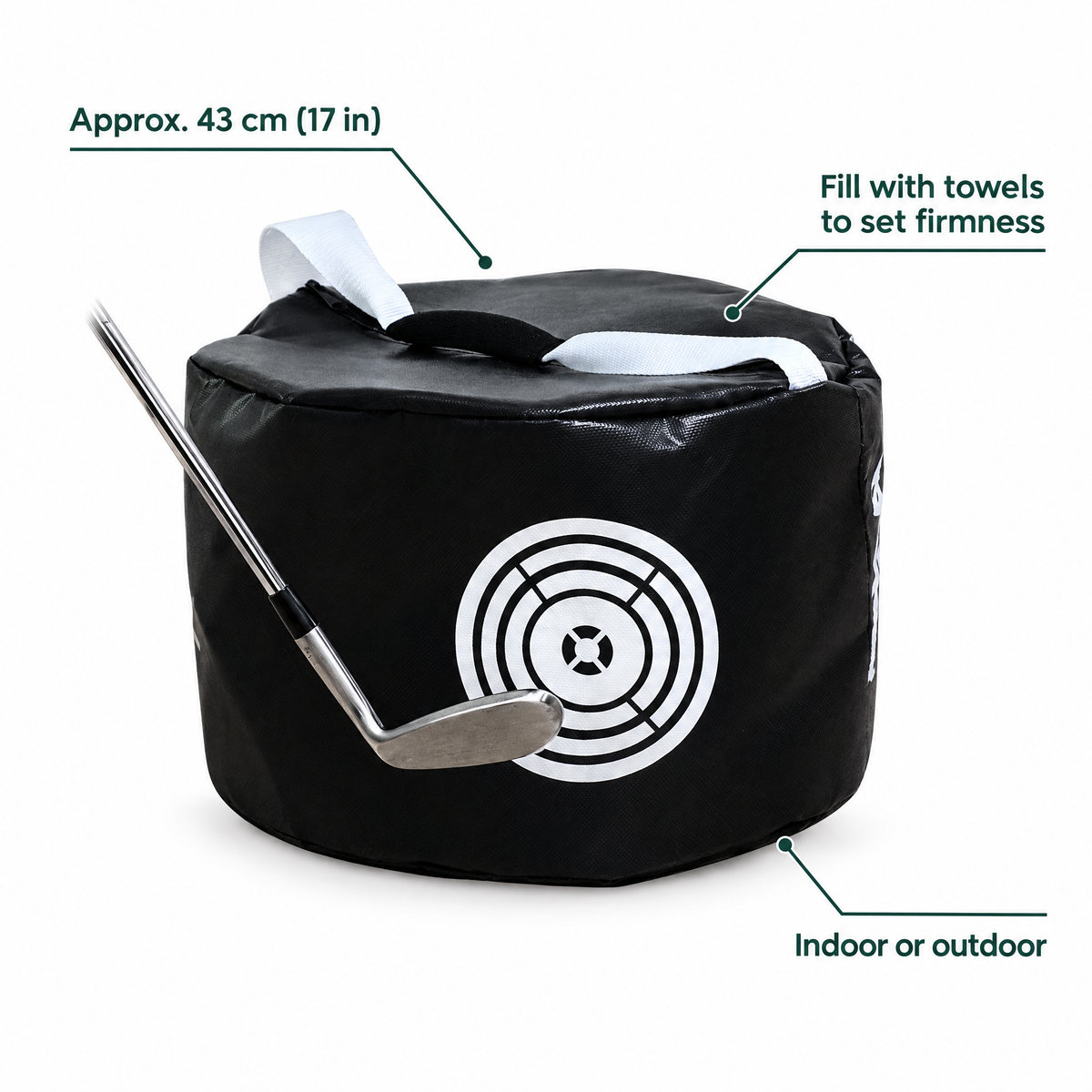 Impact bag features: approx. 43 cm, fill with towels to set firmness, indoor or outdoor