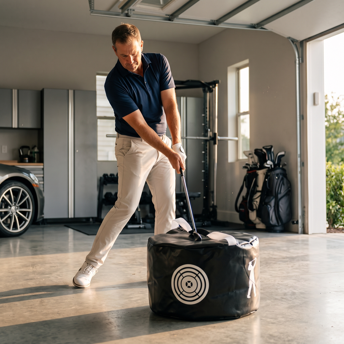 Golfer holding an impact position against the impact bag in a garage