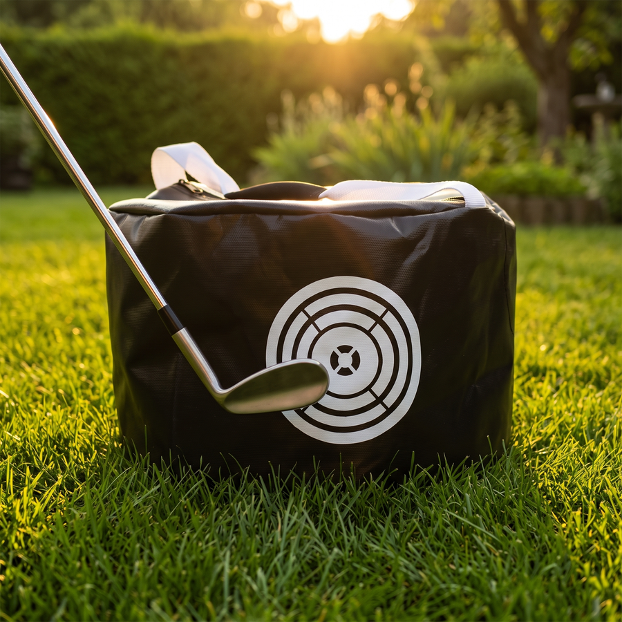 Impact bag with an iron on a backyard lawn