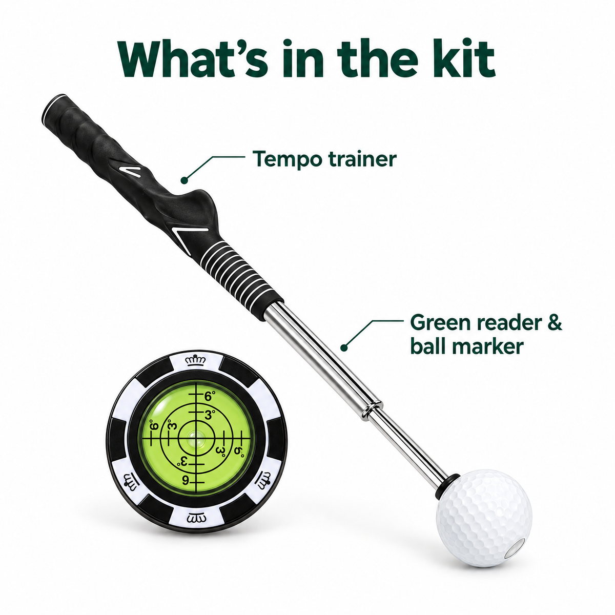 What's in the Pre-Round Warm-Up Kit: tempo trainer and green reader and ball marker