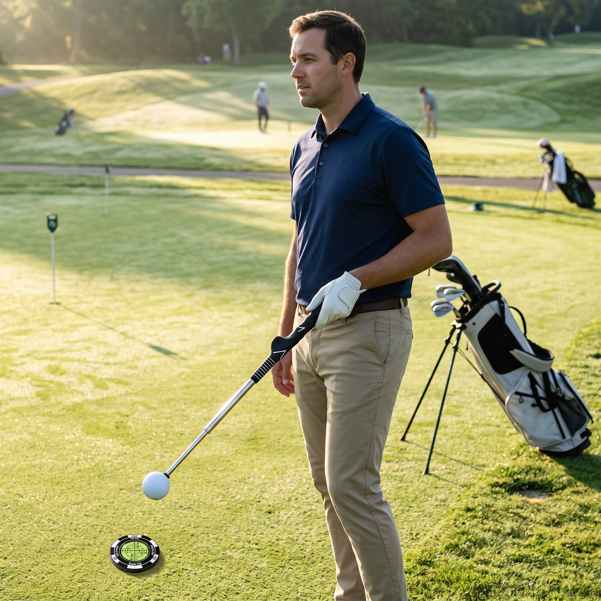 Golfer with tempo trainer and green reader before a round