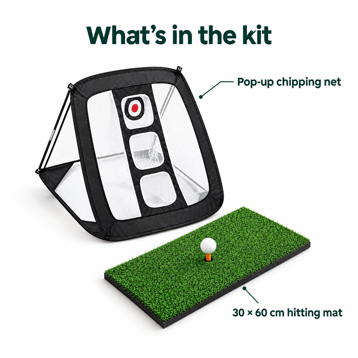 What's in the Short Game Starter Kit: pop-up chipping net and 30 x 60 cm hitting mat