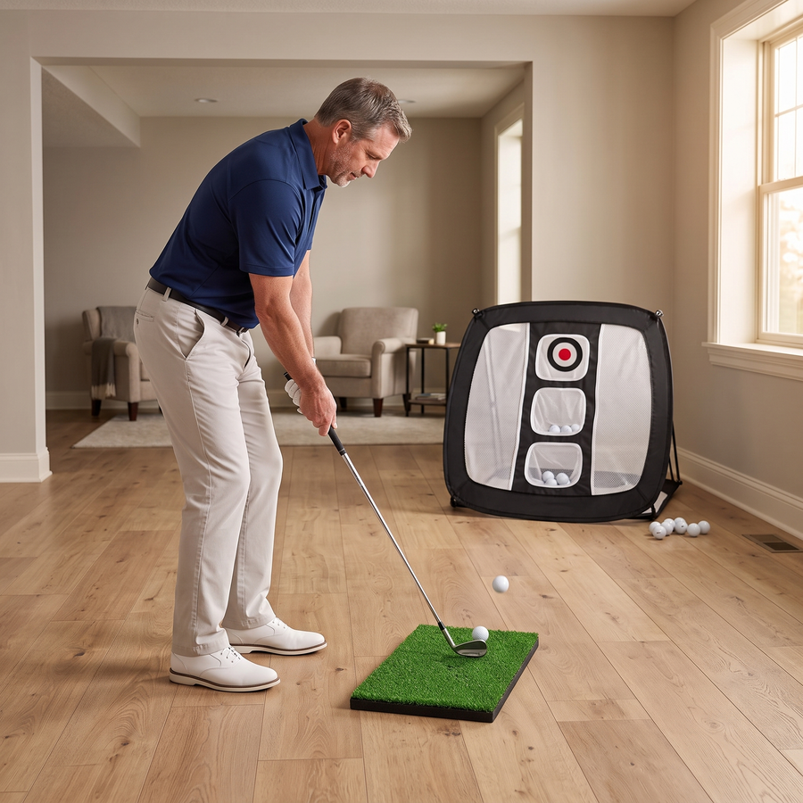 Golfer chipping from the mat toward the net in a basement