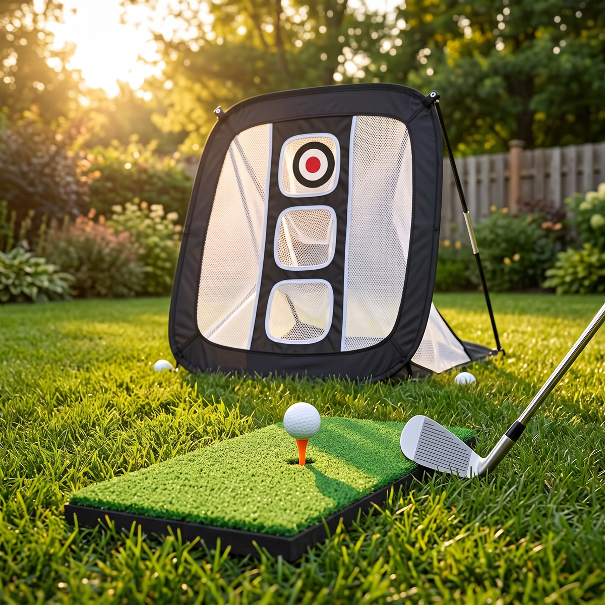 Chipping net and hitting mat set up in a backyard