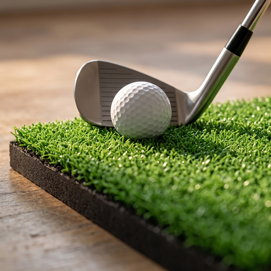 Golf ball and wedge on the hitting mat turf