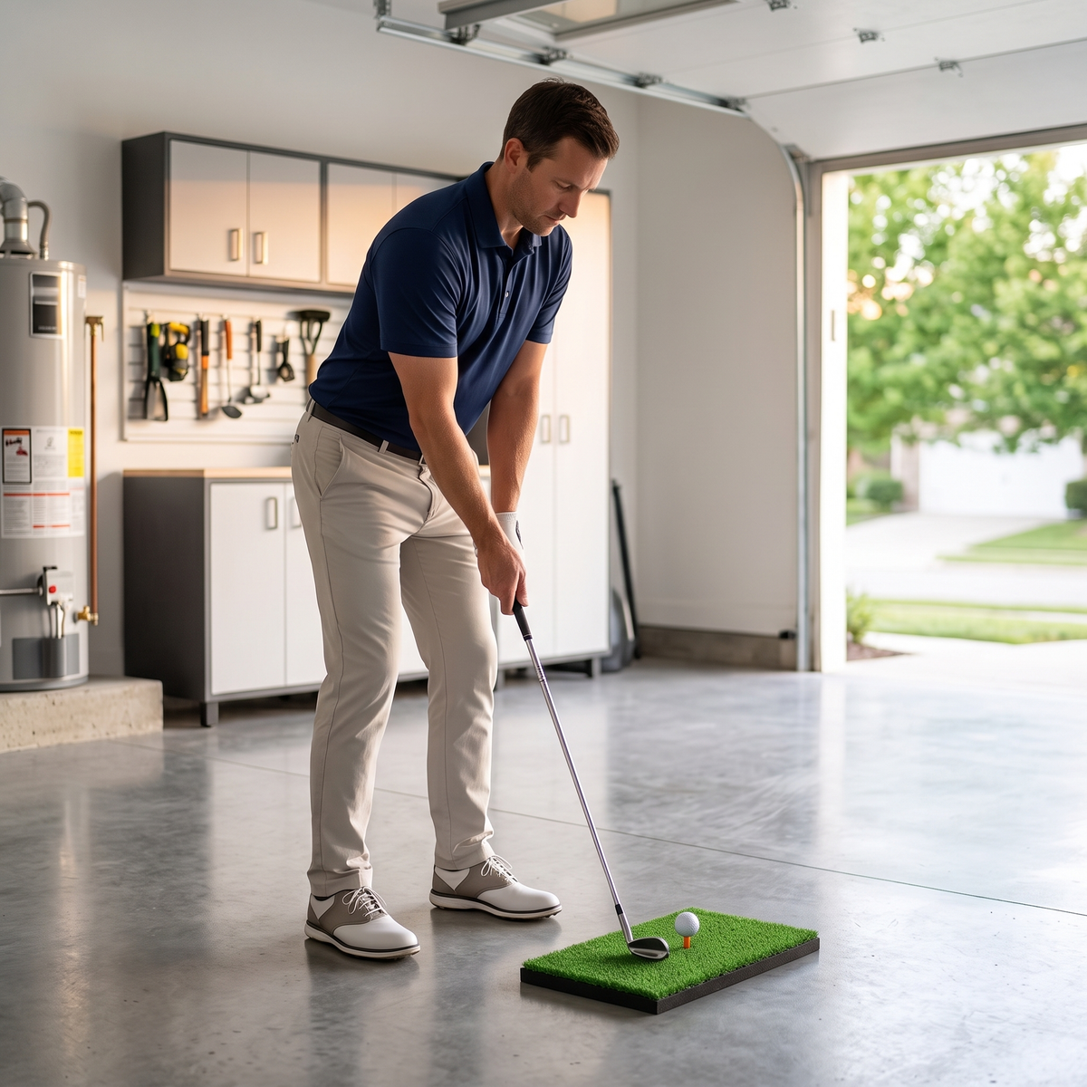 Golfer chipping from the hitting mat in a home garage