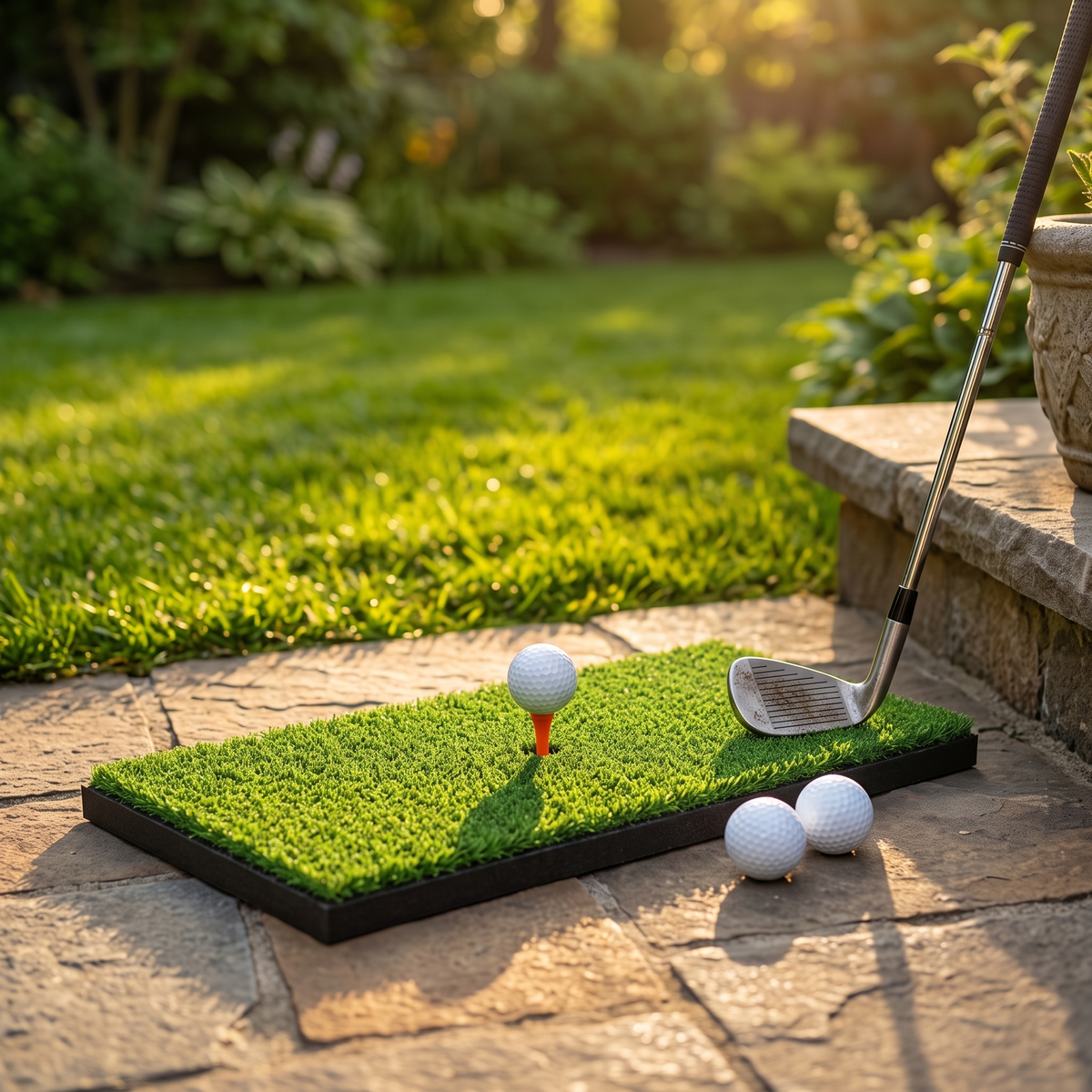 Hitting mat with golf balls on a backyard patio