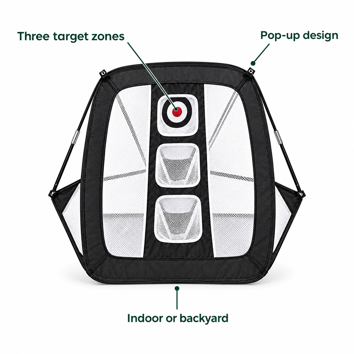 Chipping net features: three target zones, pop-up design, indoor or backyard