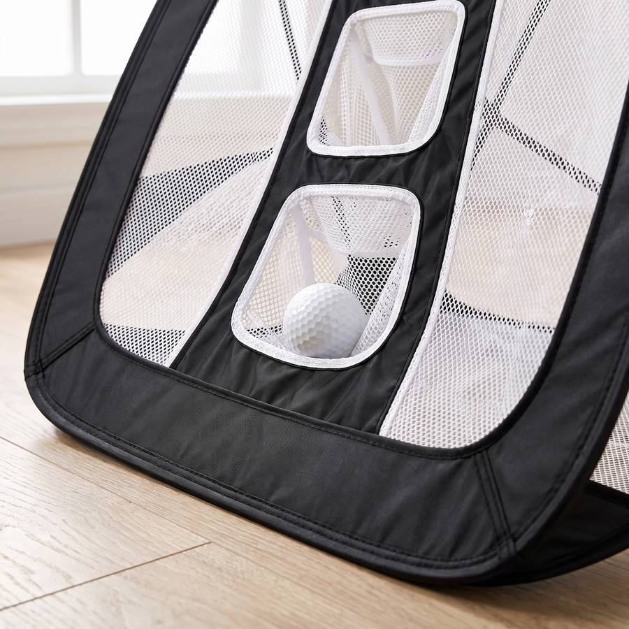 Golf ball resting in a target opening of the chipping net