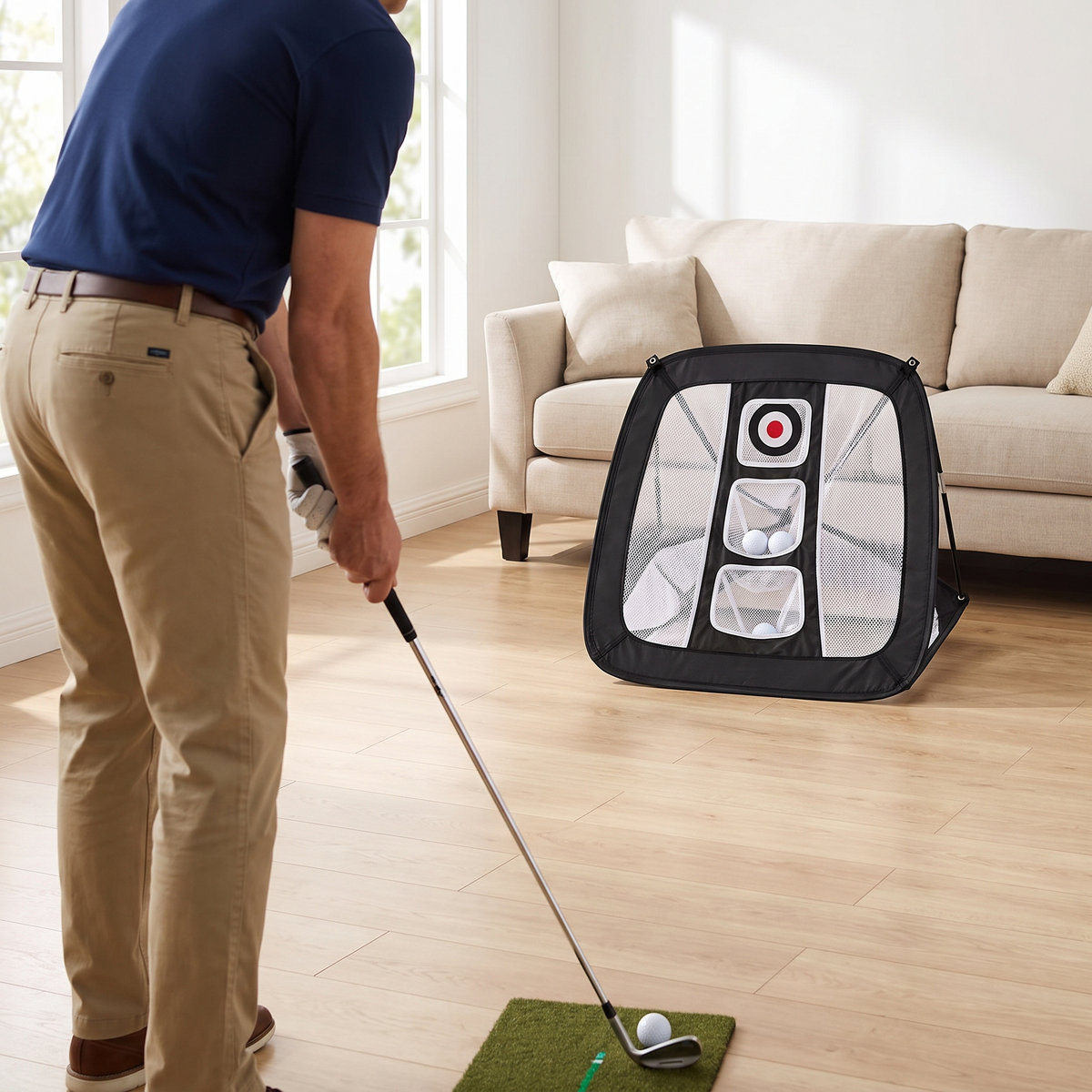 Golfer about to chip toward the net in a living room