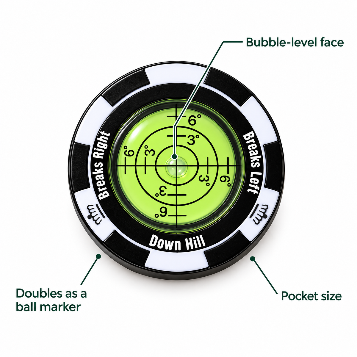 Green reader features: bubble-level face, doubles as a ball marker, pocket size