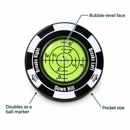 Green reader features: bubble-level face, doubles as a ball marker, pocket size