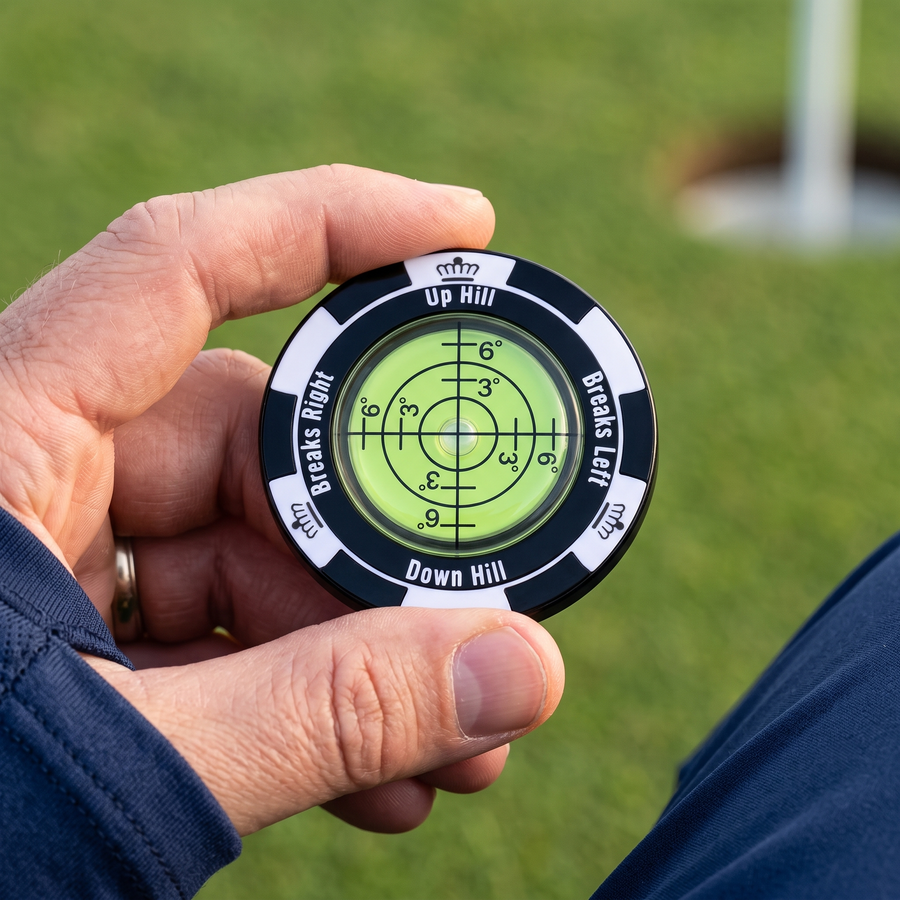 Golfer holding the green reader ball marker