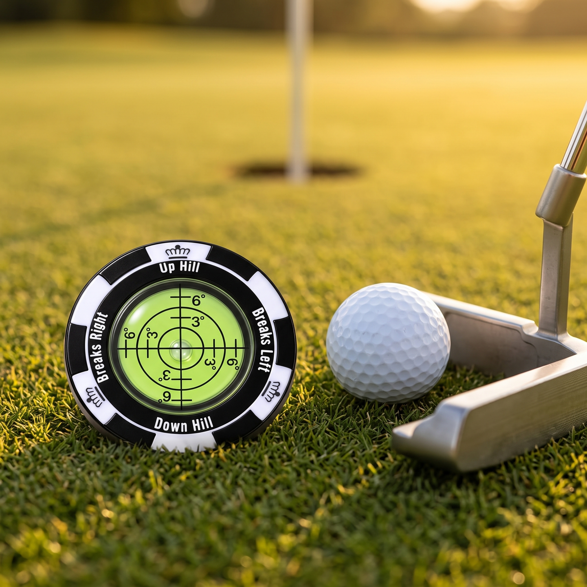 Green reader beside a golf ball on a putting green