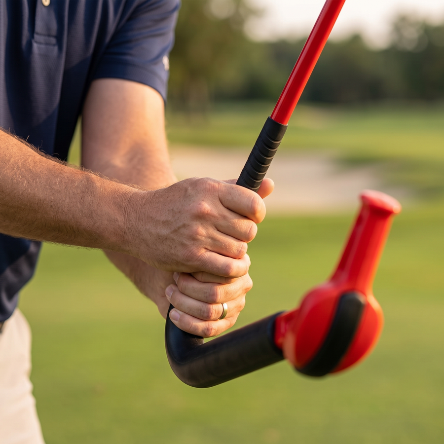 Golfer's grip on the swing speed trainer