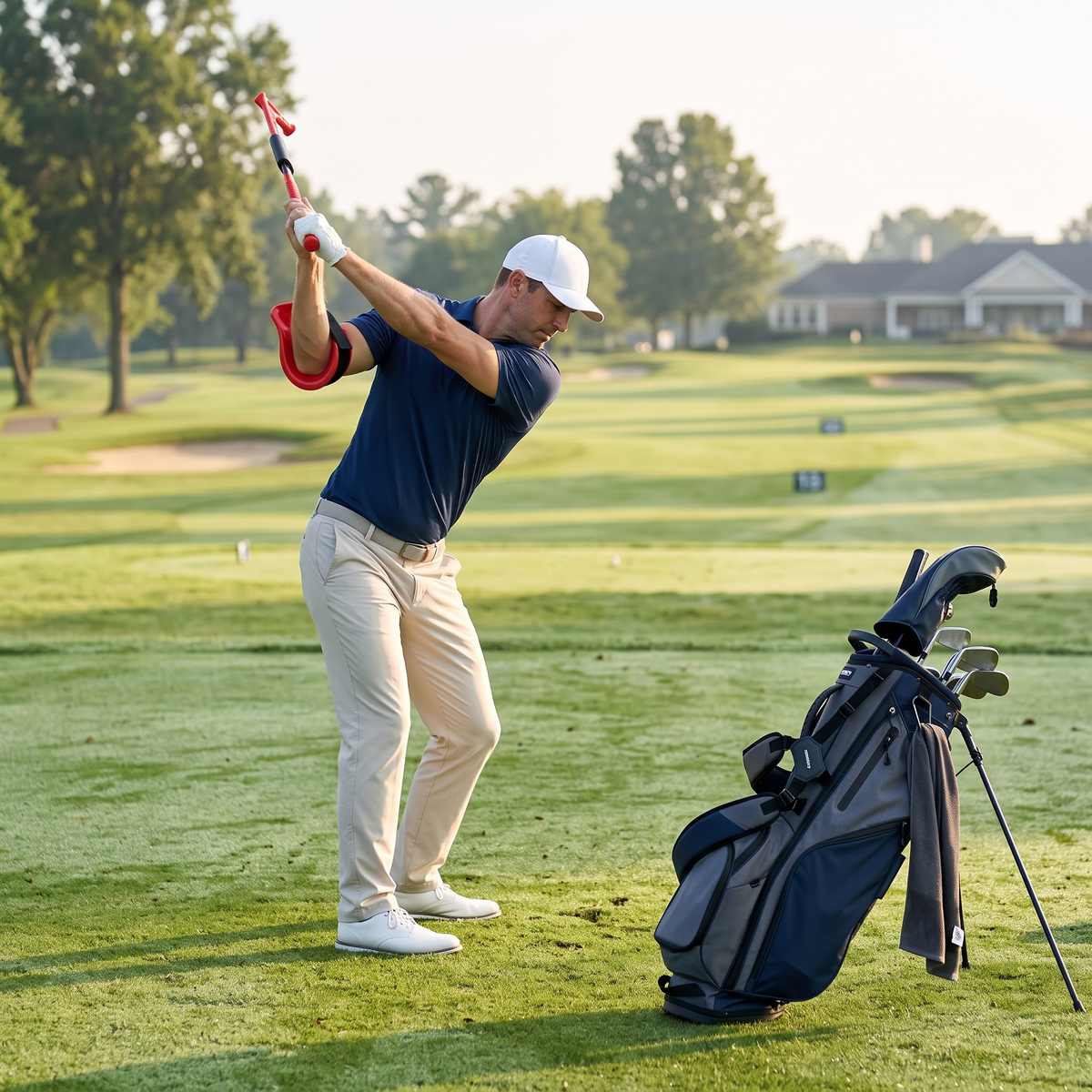 Golfer warming up with the swing speed trainer at the practice area