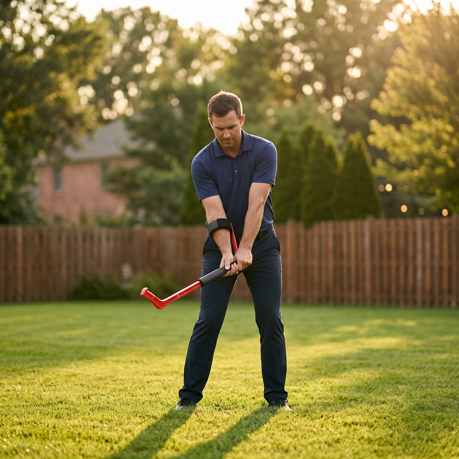 Golfer swinging the speed trainer in a backyard