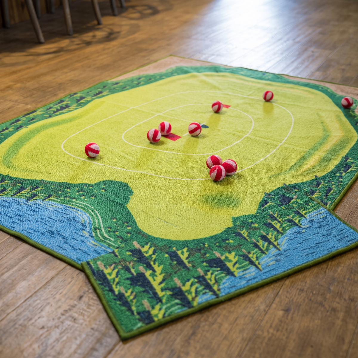 Sticky balls on the target zones of the chipping game mat