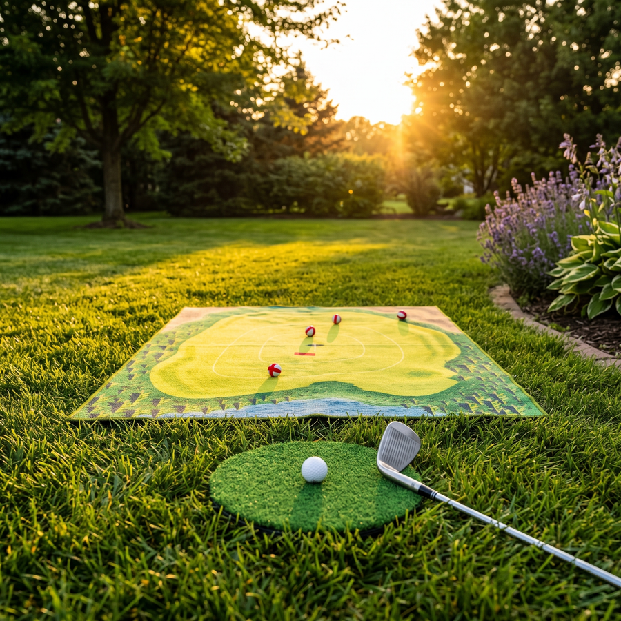 Sticky ball chipping game set up in a backyard
