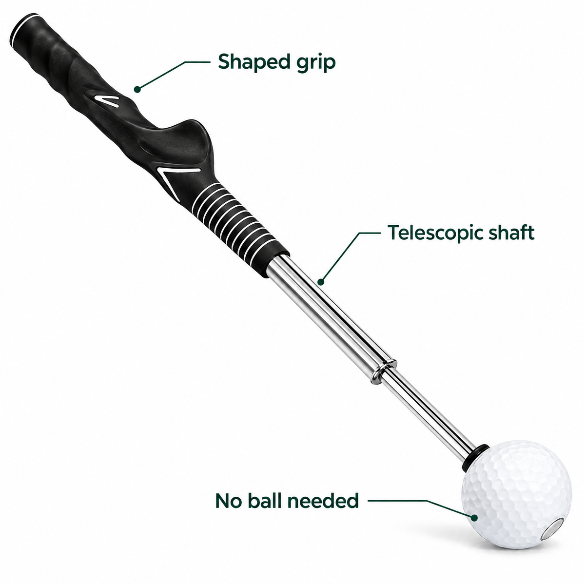 Tempo trainer features: telescopic shaft, shaped grip, no ball needed
