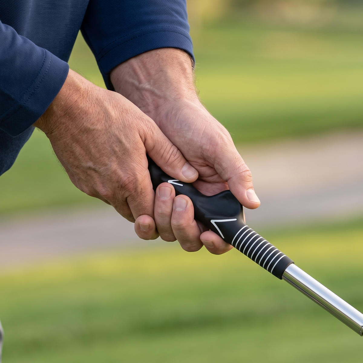 Golfer's hands on the tempo trainer shaped grip