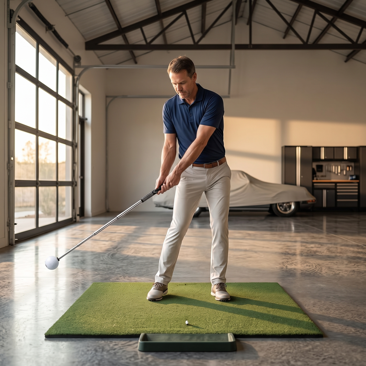 Golfer making a slow swing with the tempo trainer in a garage