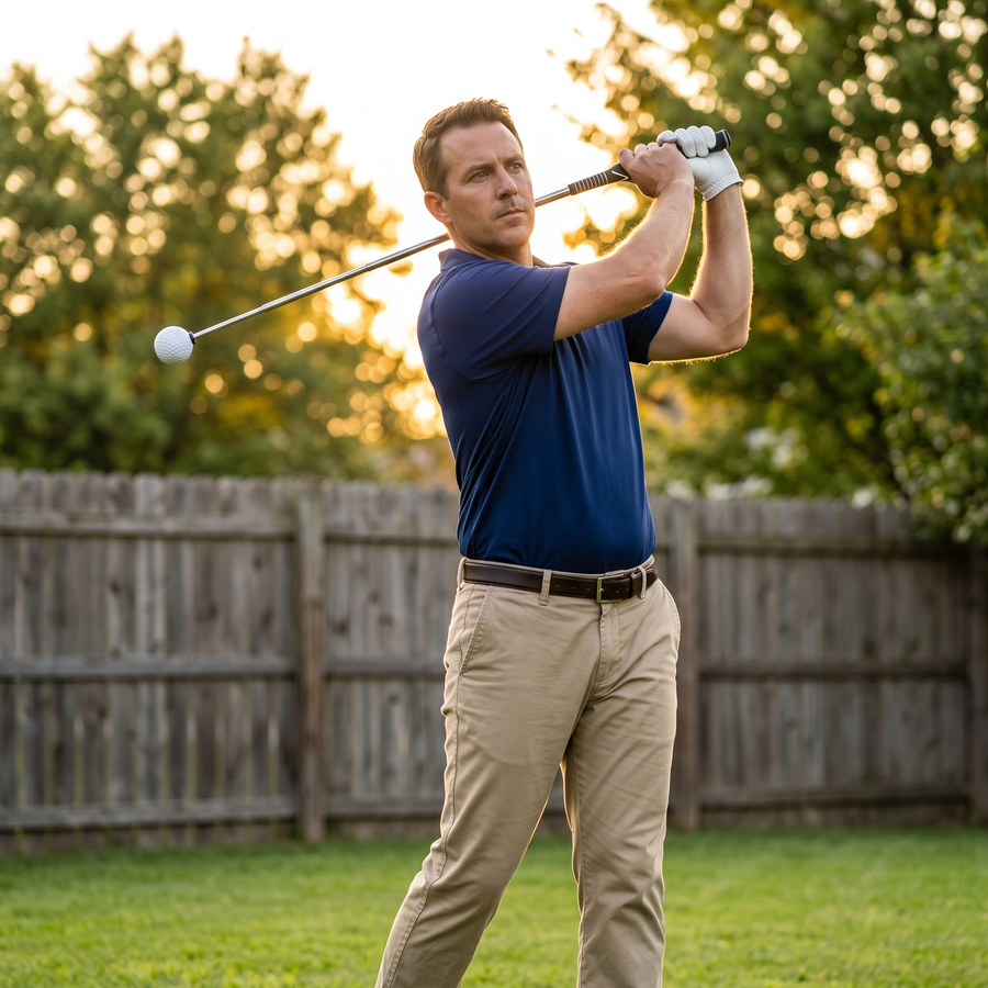 Golfer at the top of the backswing with the tempo trainer in a backyard